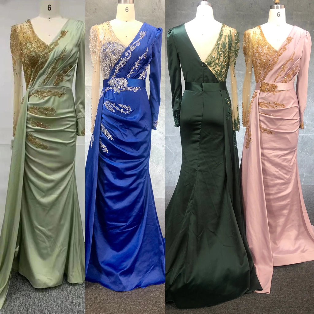 Blue High Quality Mermaid Long Sleeve Satin Evening Dresses Gowns 2022 Beaded Elegant for Women Party Dresses