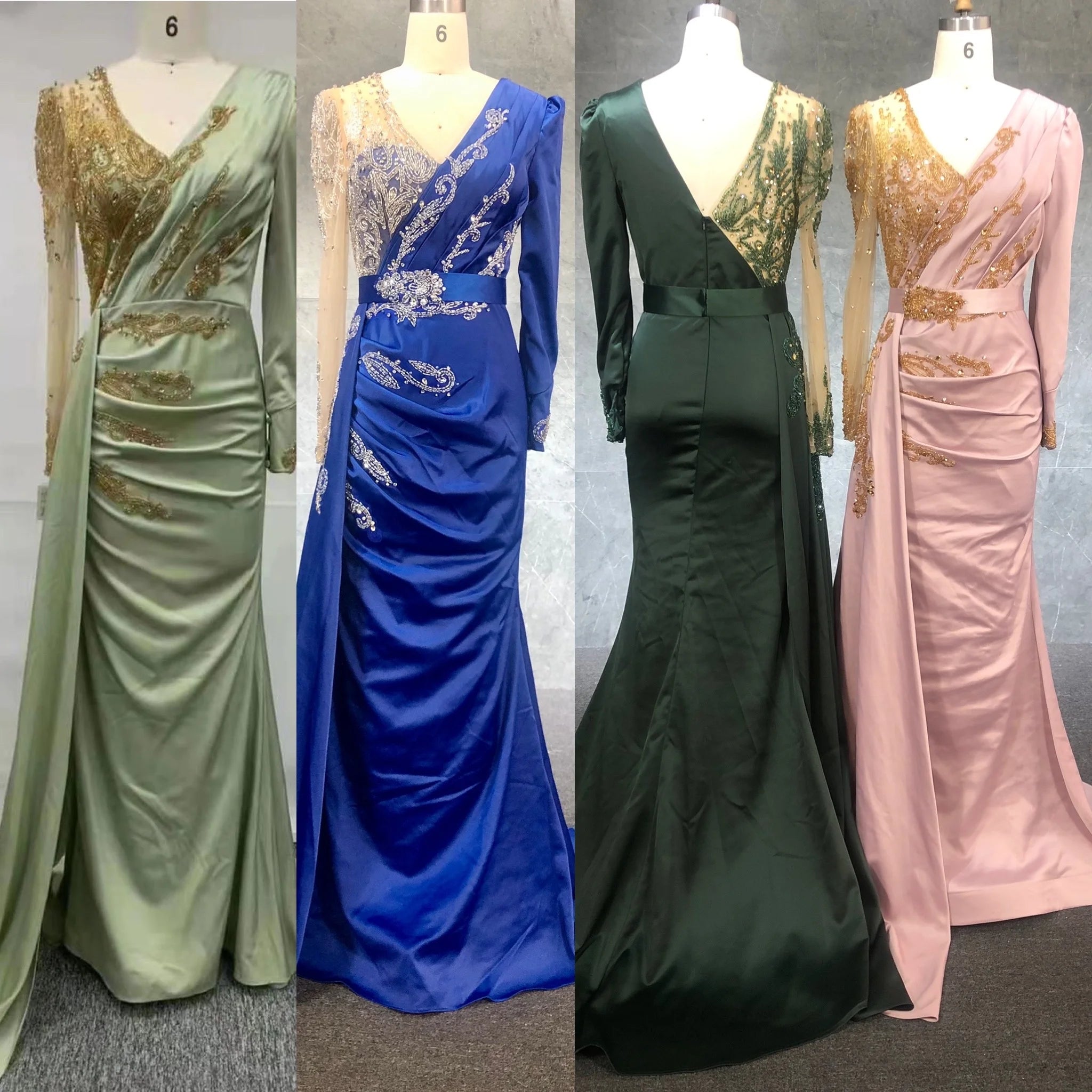 Blue High Quality Mermaid Long Sleeve Satin Evening Dresses Gowns 2022 Beaded Elegant for Women Party Dresses