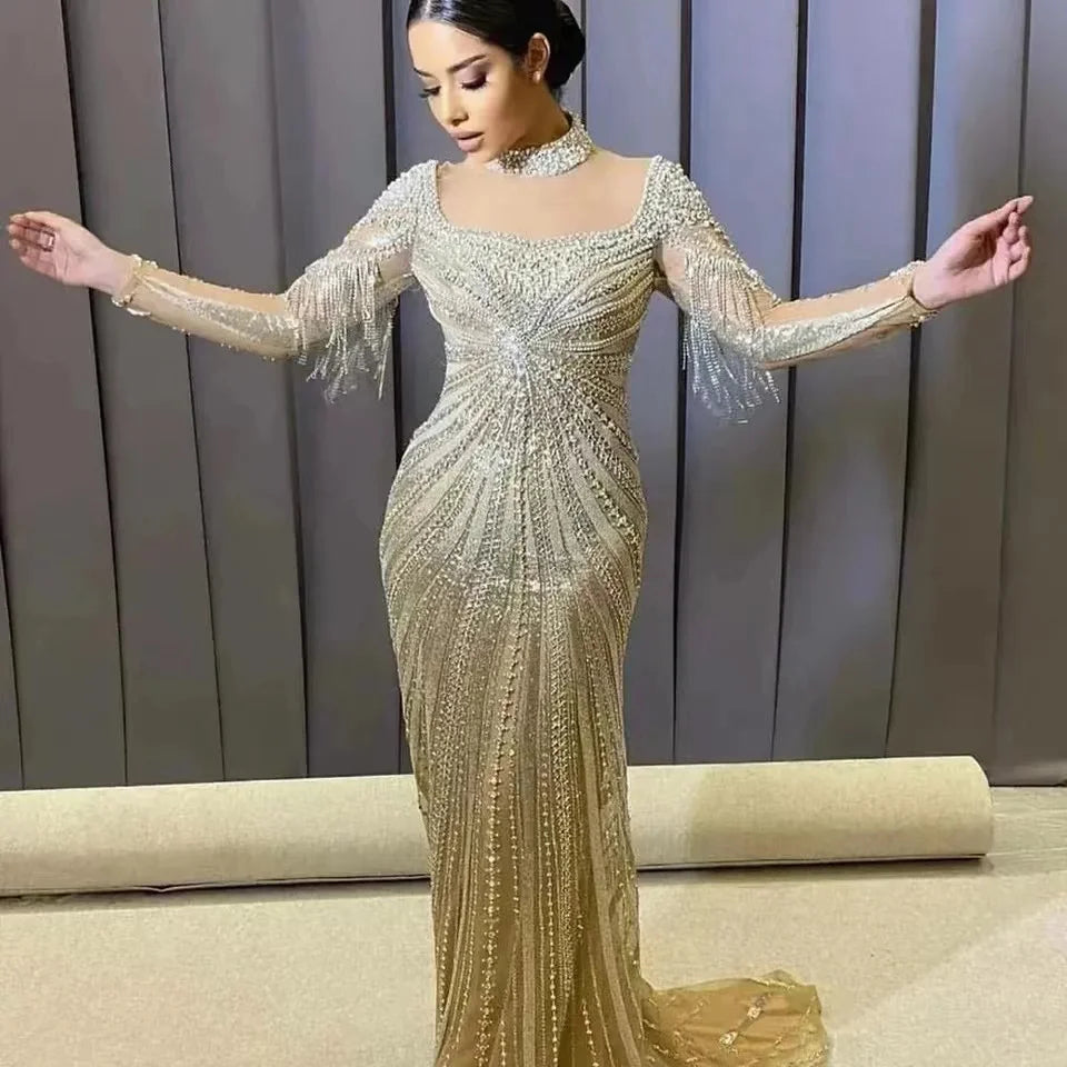 New Arrival Wholesale Muslim Hot Selling Beaded Tassel Mermaid Dubai Arab Ladies Evening Dress Gowns Wedding Party
