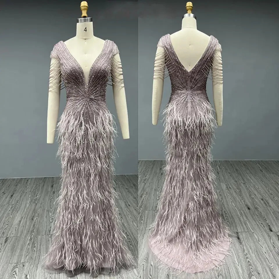 Luxury Dubai Champagne Feathers Evening Dress Mermaid Prom Formal Dress for Women Wedding Party Gown