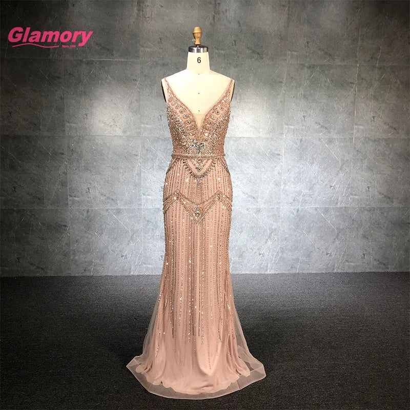 Elegant Champagne Mermaid Dress Shiny Crystal Beaded Sexy V-neck Party Evening Prom Formal Long Dresses for Women