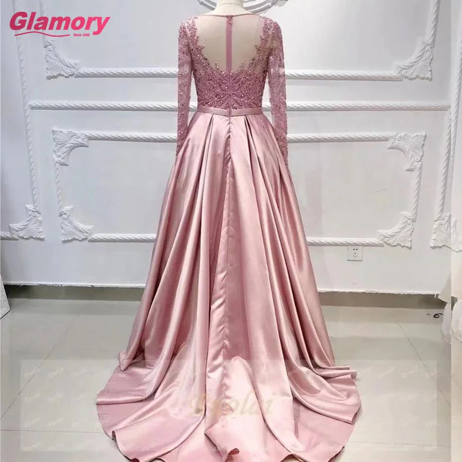 Long Sleeve Muslim Crystal Beaded Satin Tail Evening Dress Women Prom Dresses