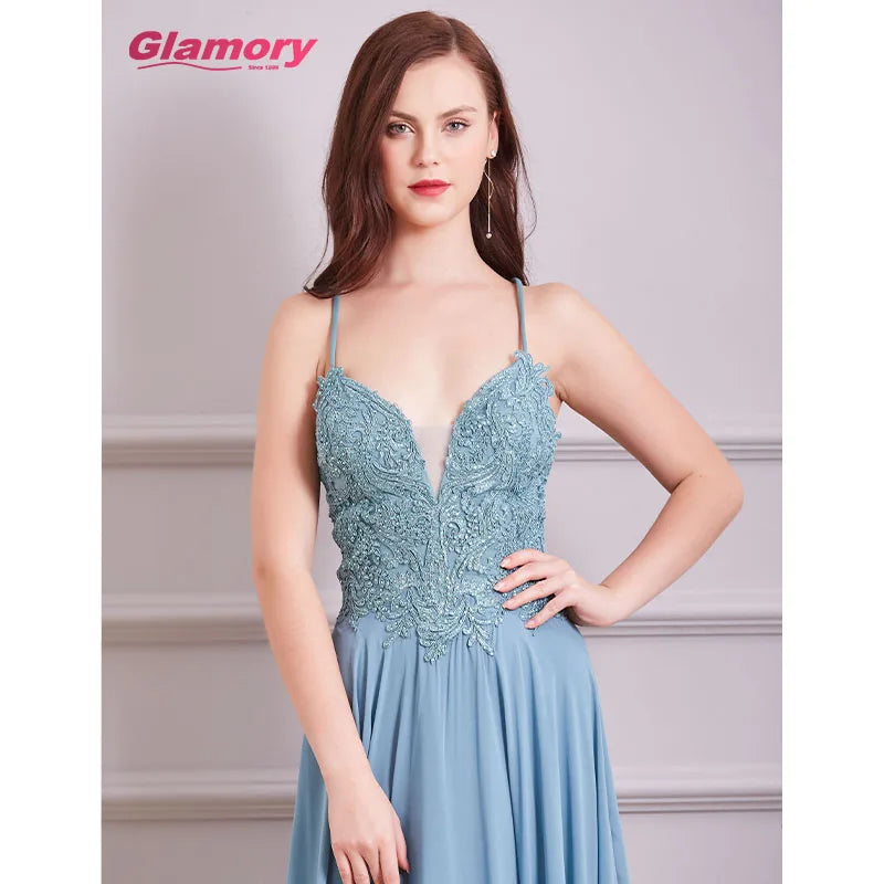 Women Ladies Lace Applique Chiffon Prom Gown Sexy Suspenders Backless Formal Party Dresses Long Evening Dress