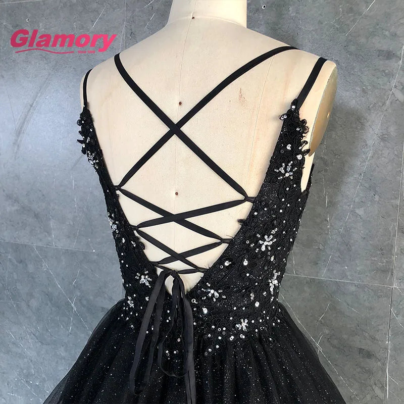 Hot Sale Club Party Dress Black Lace Applique Deep V Neck Sexy Backless Big Size Above Knee Mini Evening Dresses