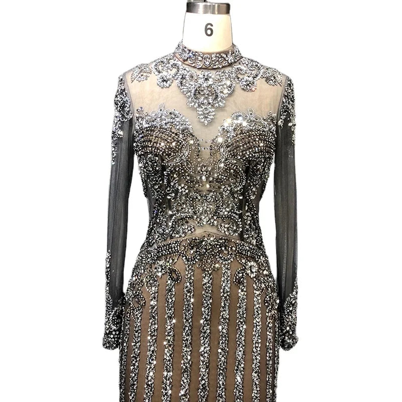 2020 New Women's Long Sleeve Dress Luxury Beading Mermaid Party Halter Neck Turkish Evening Dresses