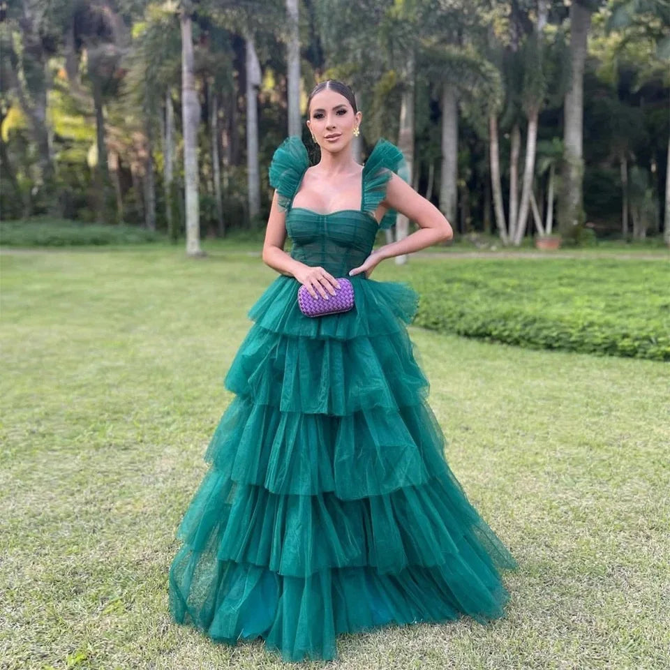 Green & Fuchsia Ruffled Straps a Line Evening Dresses for Women Wedding Party Layered Tulle Formal Prom