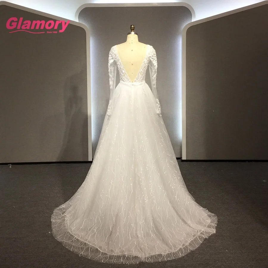 2021 New Long Sleeve Wedding Dresses V-Neck Mermaid Beading Gown Appliques Lace Bridal Dress With Detachable Skirt