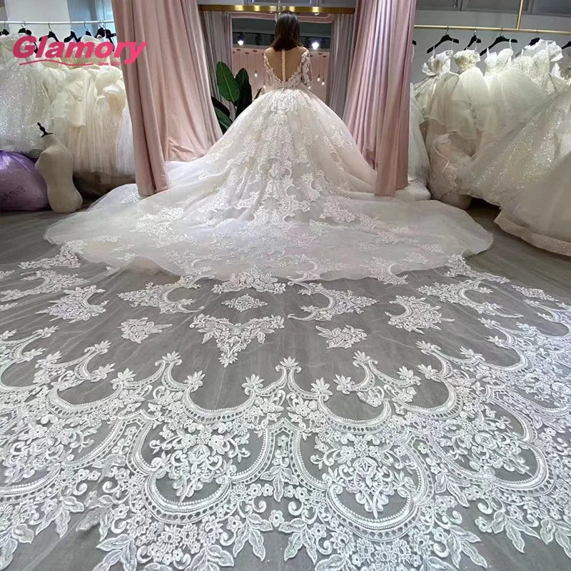 Luxury Long Sleeve Ball V Neck Heavy Applique Crystal Beading Dress Cathedral Train Gown 2020 Wedding Dresses Turkey