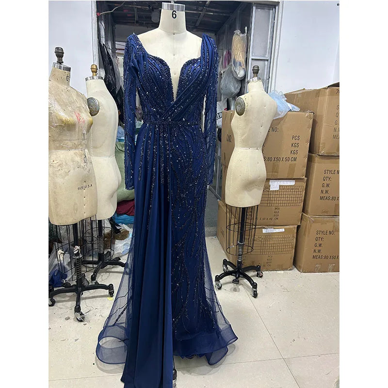 Wholesale Green V-neck Mermaid Beaded Evening Dresses Gowns 2024 Luxury Elegant Satin for Women Party