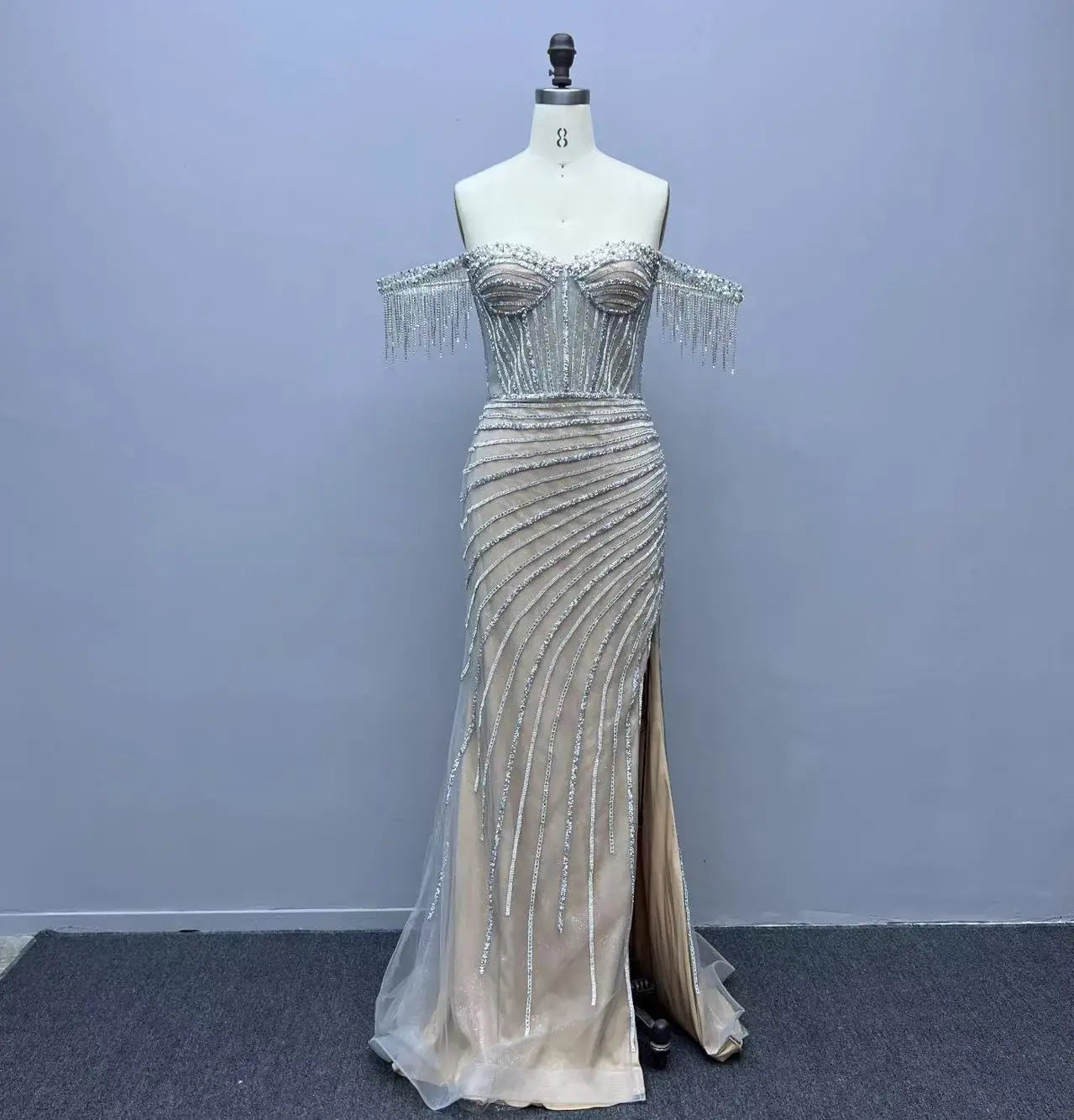 Red Off Shoulder Evening Dresses for Women Beaded with Front Leg Slit Fitted Bodice Perfect for Formal Events Prom