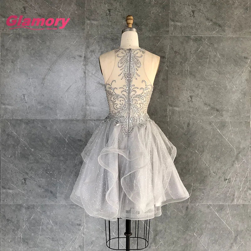 2020 New Arrival Embroidered Lace Short Halter Neck A-line Sleeveless Homecoming Evening Dress