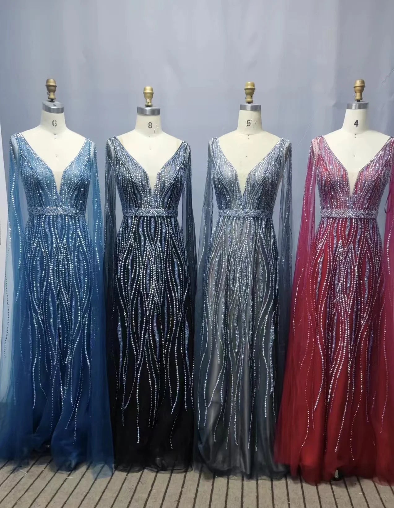 Luxury Dubai Black Arabic Evening Dress With Cape Sleeves Elegant Blue Red  Grey Women Wedding Formal Party Gown