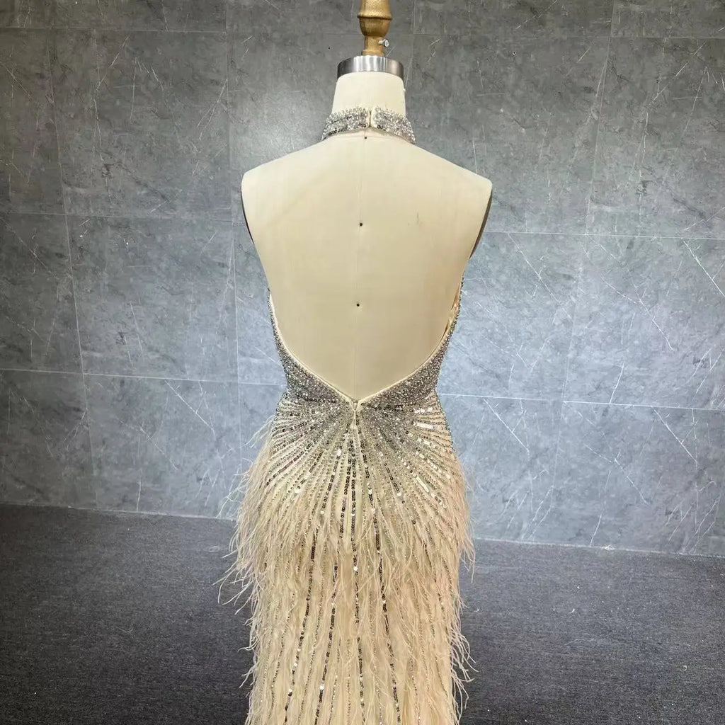Luxury Beaded Gown With Feathers High Neck Thigh Sheer Long Elegant Evening Dresses