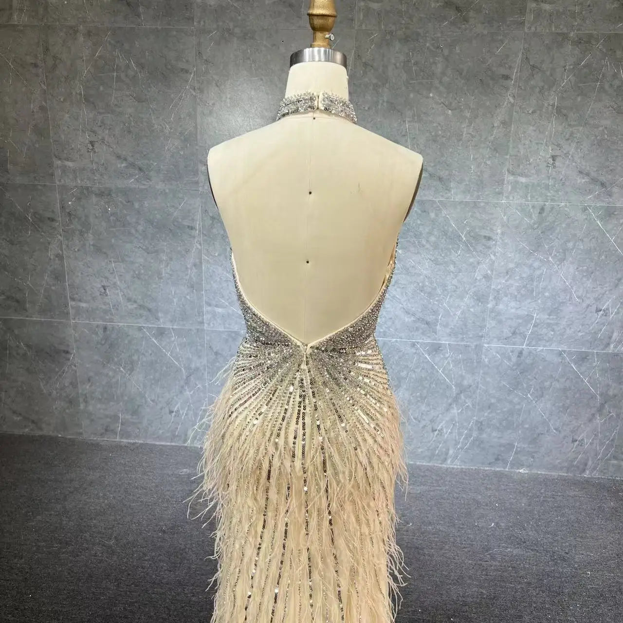 Luxury Beaded Gown With Feathers High Neck Thigh Sheer Long Elegant Evening Dresses
