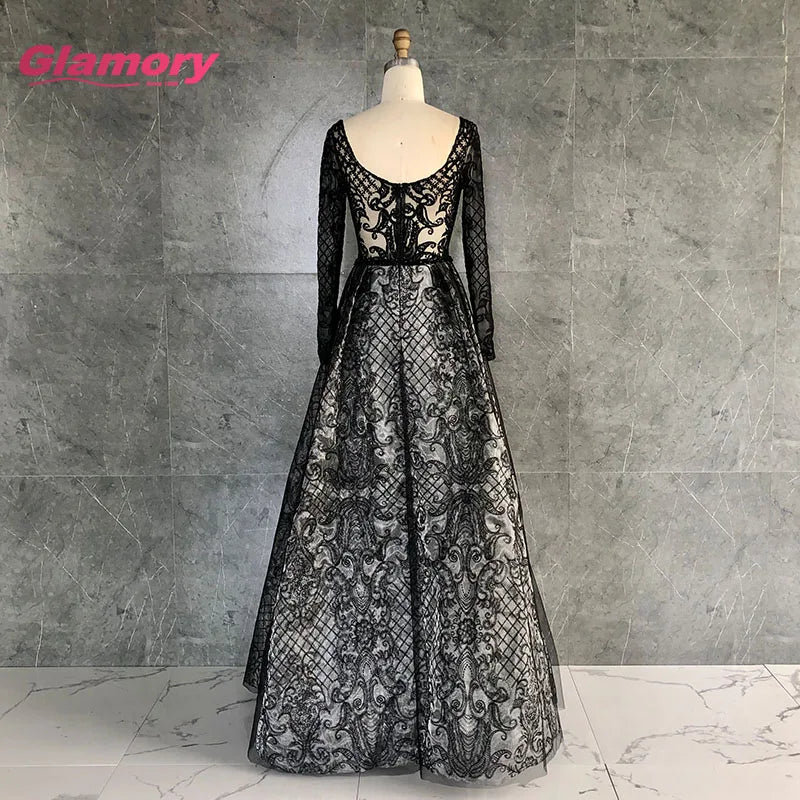 New Arrival Women Luxury Sleeve V-neck Slim Big Hem Long Evening Dress Beads Lace Prom