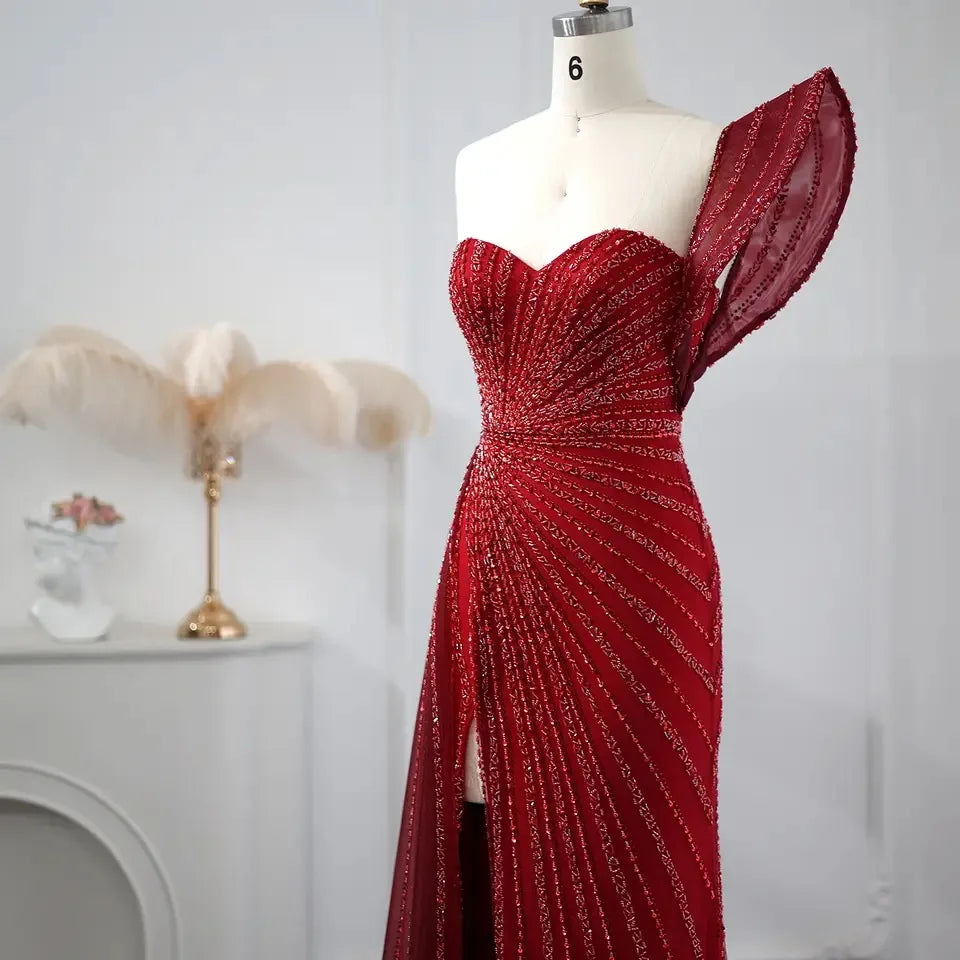 2025 Green Mermaid Beaded Evening Dresses Formal Party Gowns for Women Wedding One Shoulder Side Split Prom Dress