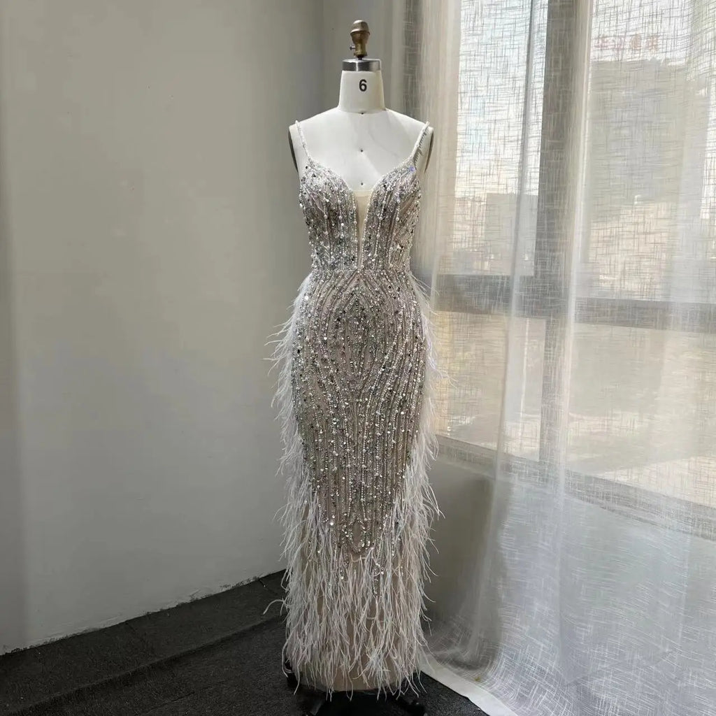 White Nude Mermaid Spaghetti Strap Beaded Feather Evening Dresses Prom Gowns 2024 for Woman Wedding Party