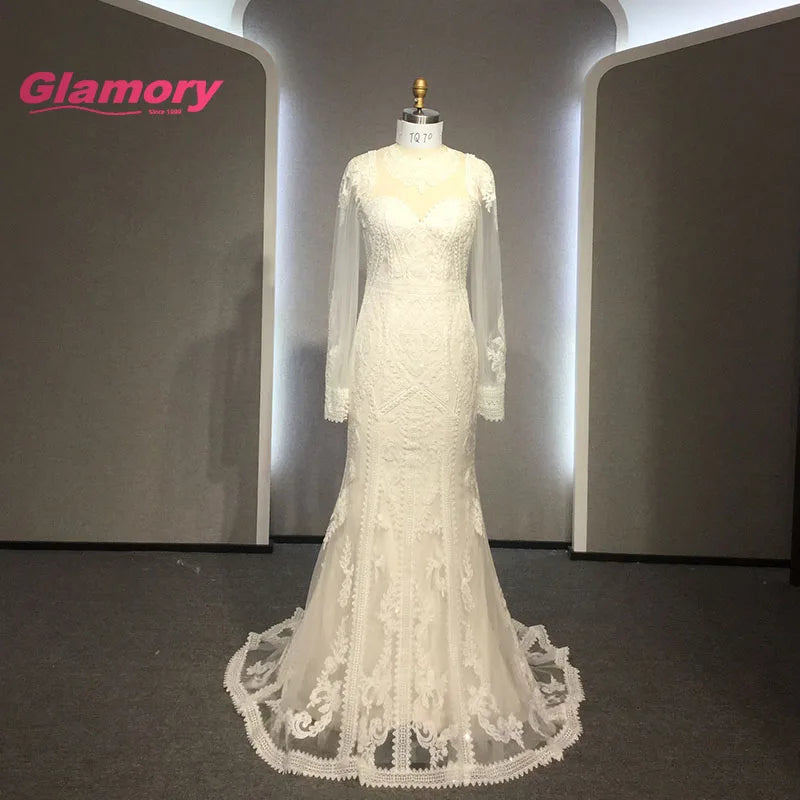 Fashion White Long Sleeve Wedding Dress Plus Size Bride Gown Vestido De Noiva Lace Beading Mermaid Bridal Dresses