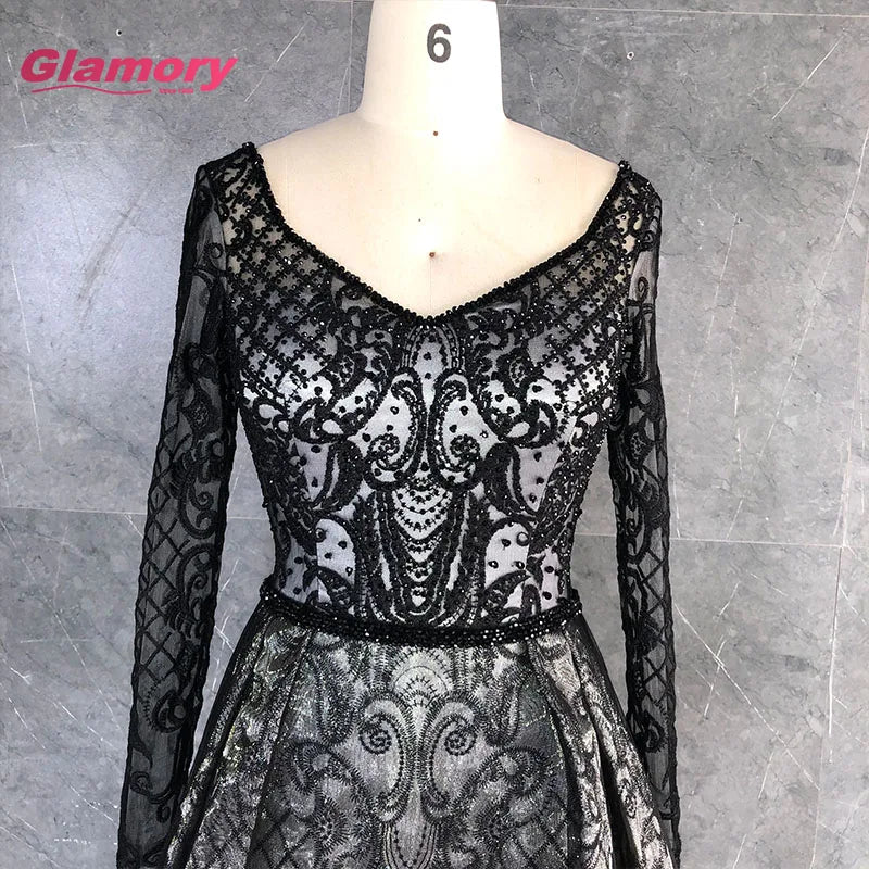 New Arrival Women Luxury Sleeve V-neck Slim Big Hem Long Evening Dress Beads Lace Prom