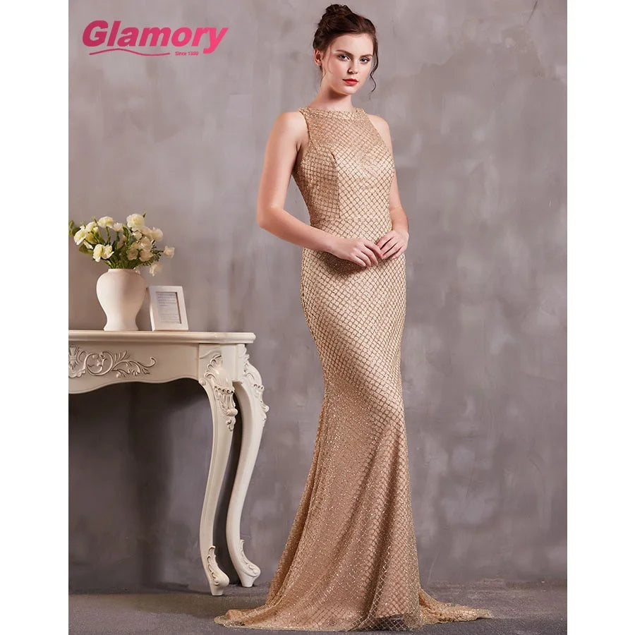 Gold Halterneck Mermaid Prom Wholesale Evening Dresses Sequin Tulle Evening Dress