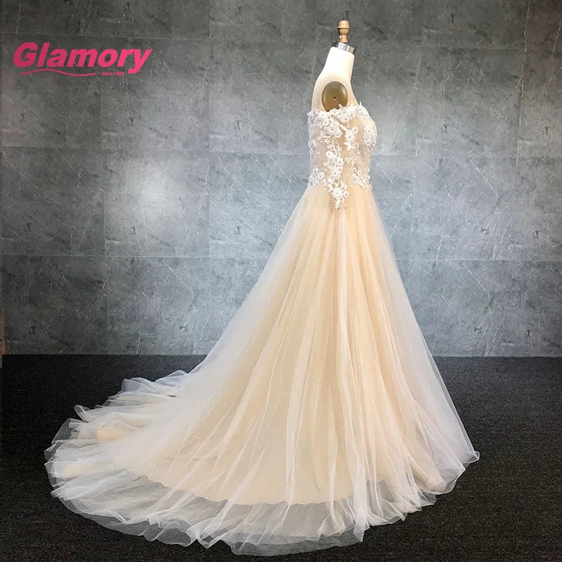 Champagne Cheap Hight Quality Wedding Dress Off Shoulder Half Sleeve 3D Flower Lace Ball Wedding Gown