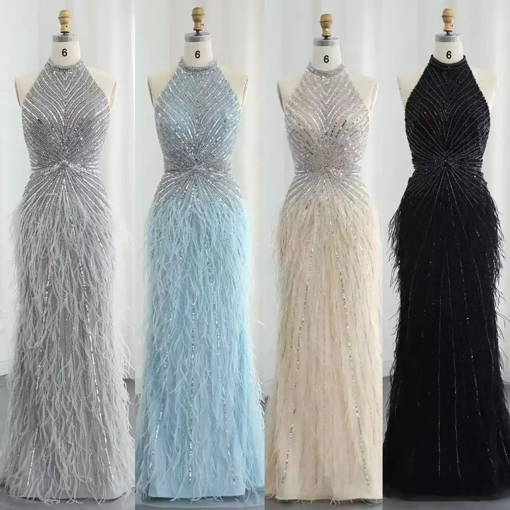 New Arrival Luxury Beaded Gown With Feathers High Neck Thigh Sheer Long Elegant Evening Dresses