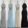 New Arrival Luxury Beaded Gown With Feathers High Neck Thigh Sheer Long Elegant Evening Dresses