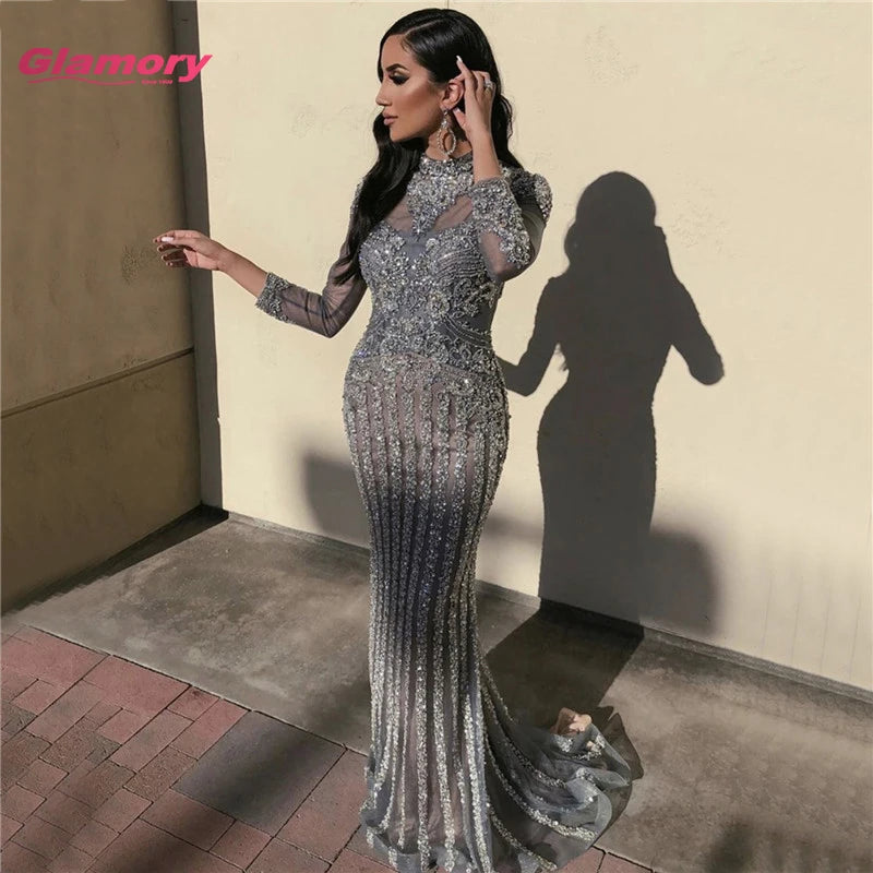 2020 New Women's Long Sleeve Dress Luxury Beading Mermaid Party Halter Neck Turkish Evening Dresses