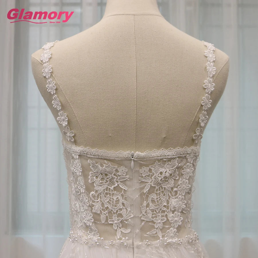 Spring and Summer Show Long Tail Bride Without Sleeve Spaghetti Straps Beach Wedding Dress