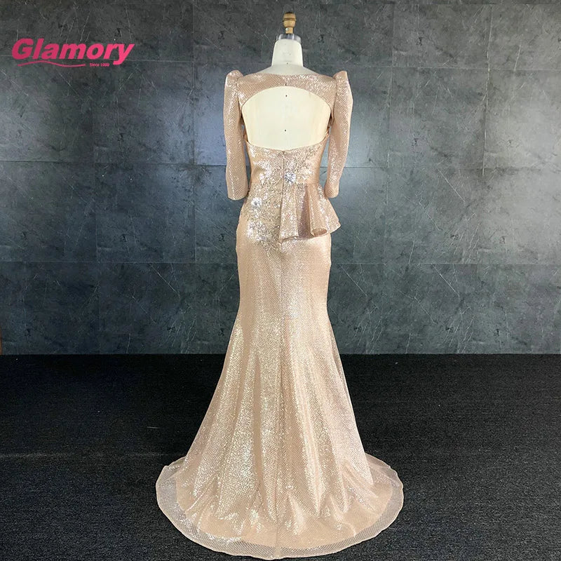Wholesale Ladies Formal Long Sleeve Mermaid Champagne Prom Dress Sexy Open Leg Prom Dress