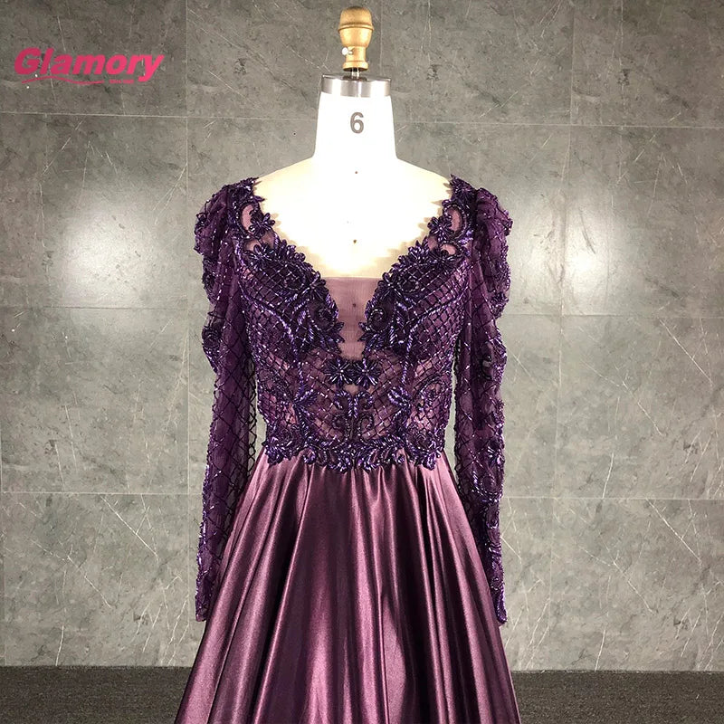 Purple Sleeve Sexy Gown Hand-Beading Satin a Line Evening Dress Elegant Formal Long Dresses for Fat Women