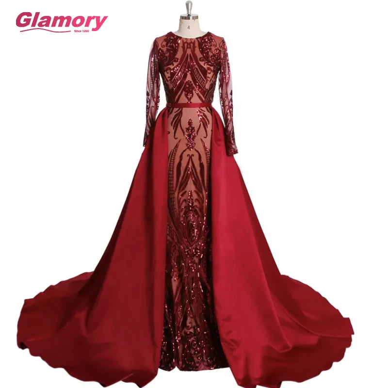 Luxury Muslim Mermaid Evening Sequin Long Sleeves Detachable Train Dubai Saudi Arabic Formal Dress Prom Gown Robe De Soiree