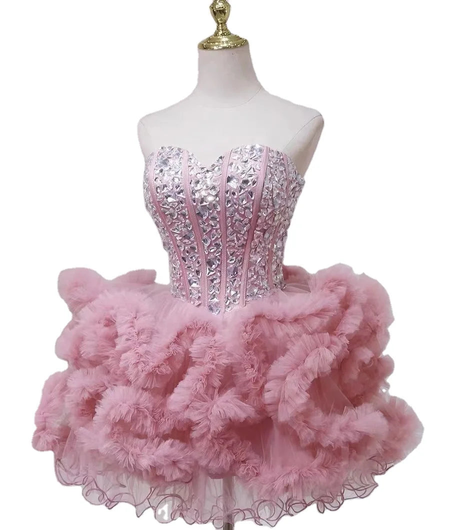 Pink New Design Sweet Heart Beading Sugar Dress Ruffles Party Evening Dress