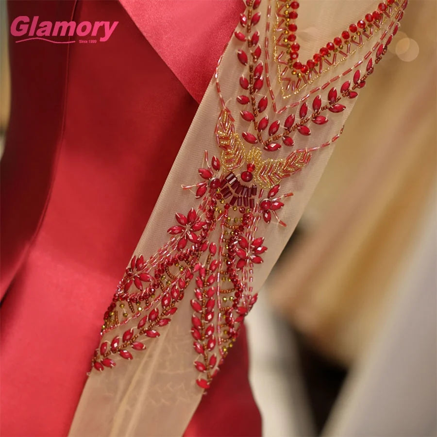 Turkey Luxury Formal Long Sleeve High Neck Burgundy Satin Party Evening Dress