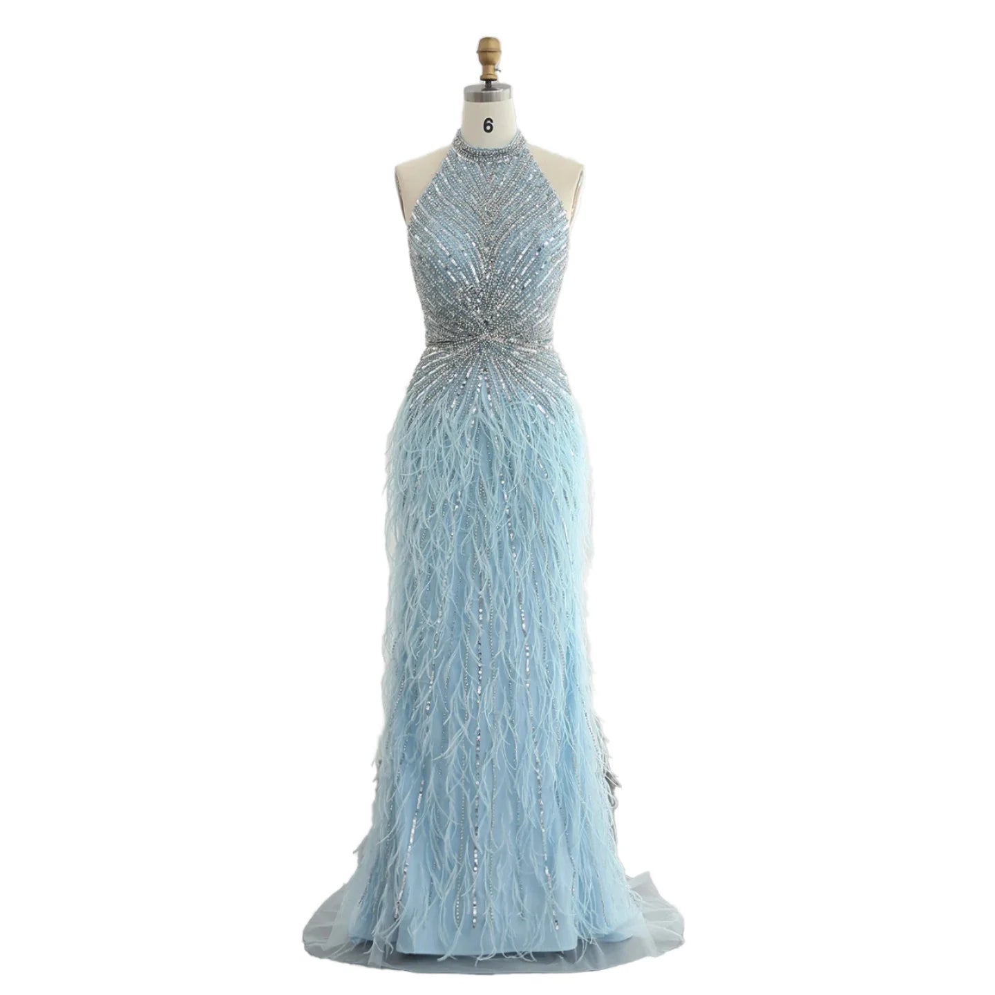 Luxury Beaded Gown With Feathers High Neck Thigh Sheer Long Elegant Evening Dresses