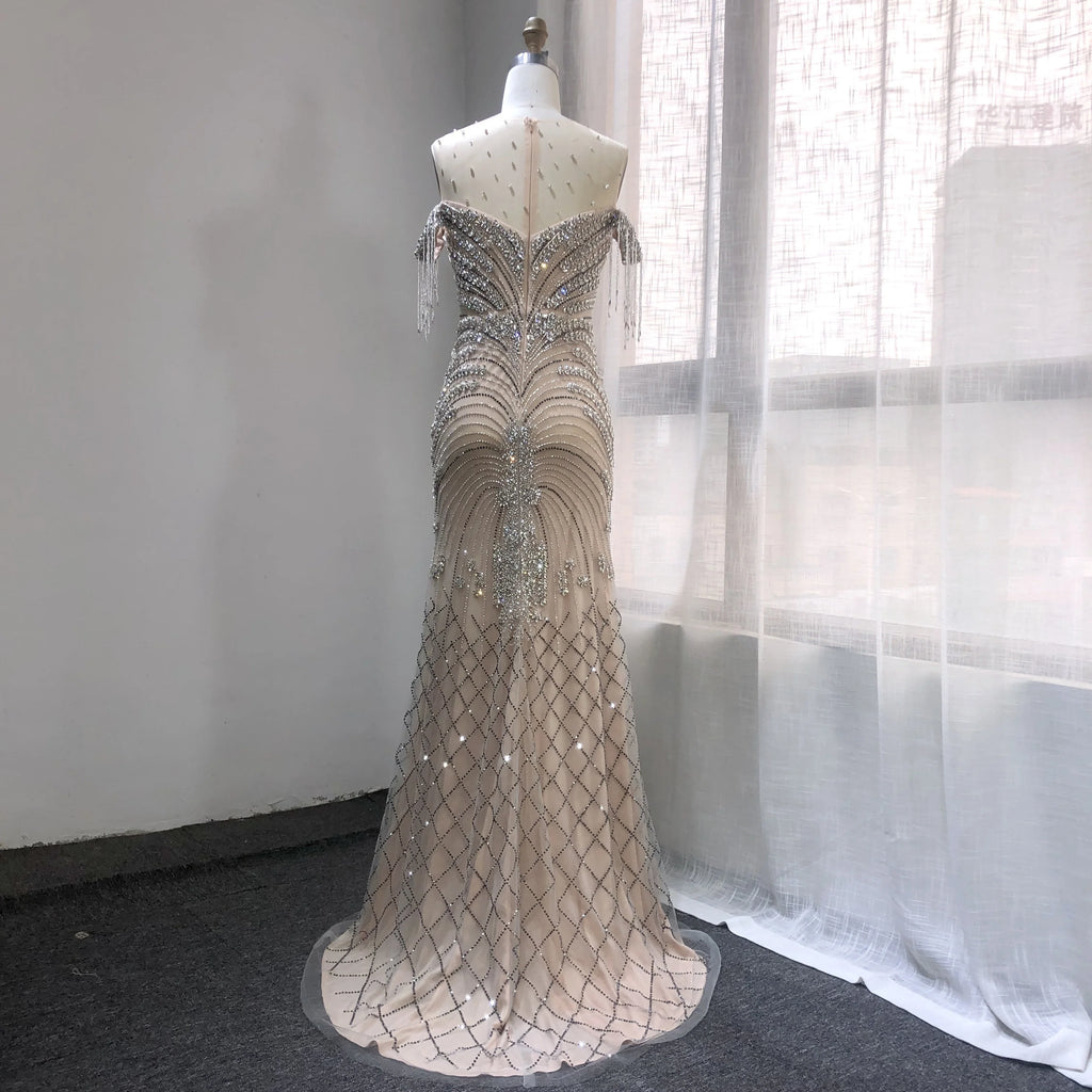 2025 New Illusion Shining Beading Formal Dresses Mermaid Prom Dresses Tassel Tulle Mermaid Evening Dresses