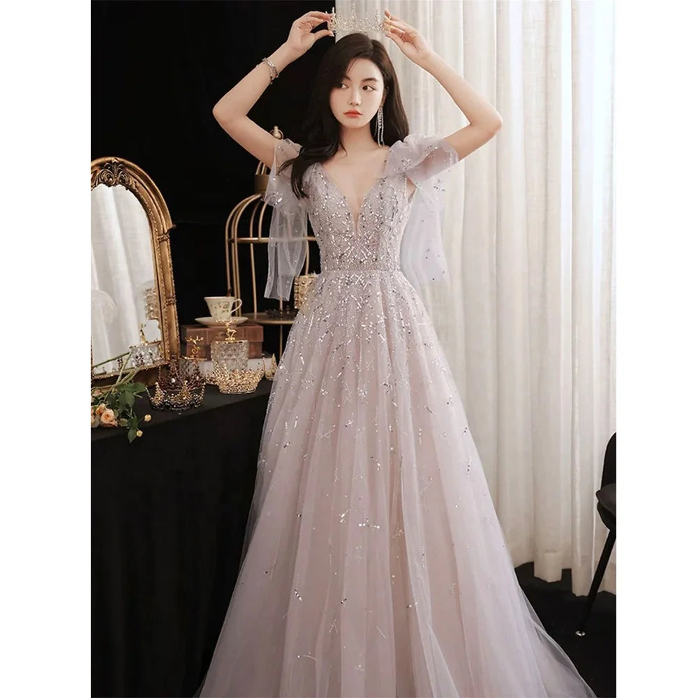 NEW  Women Elegant a Line Evening Dresses Illusion Deep V Neck Beading Party Evening Dresses