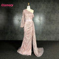 Top Quality Pink Embroidered Lace Gown One Shoulder Long Maxi Evening Muslim Party Dress