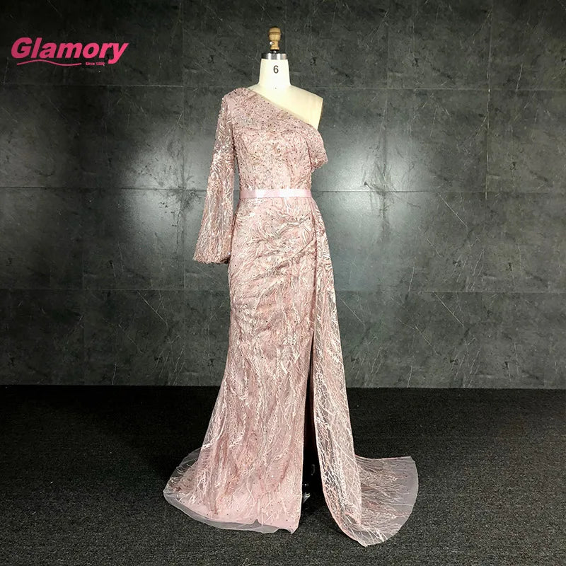 Top Quality Pink Embroidered Lace Gown One Shoulder Long Maxi Evening Muslim Party Dress