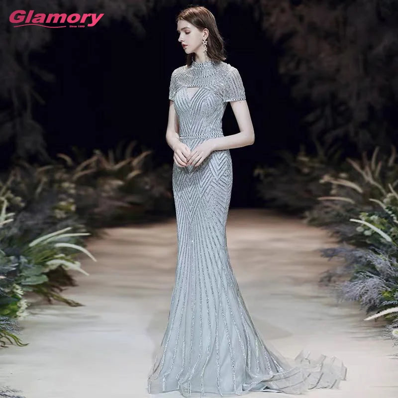 Luxury Beaded Formal Gowns Short Sleeves Trumpet Evening Gown for Muslim Evening Dress