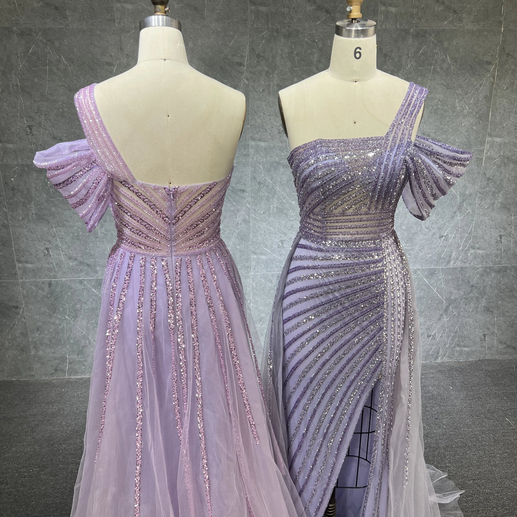 Turquoise One Shoulder High Split Sexy Evening Gowns Mermaid Elegant Luxury Beaded Organza Party Dresses