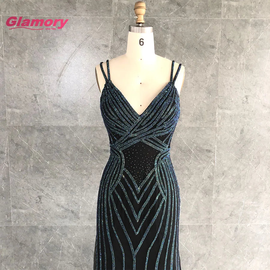 2020 Latest Design Crystal Black Color Sexy V Neck Luxury Prom Dresses Lady Elegant Party Evening Dress