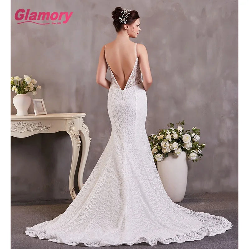 Mermaid Deep v Neck Lace Spaghetti Straps Wedding Dress Cheap Bride Dress Made in China