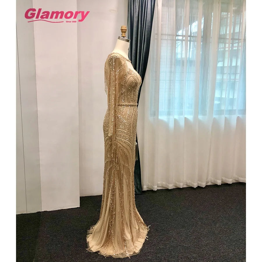 2020 Dubai Turkish Aibye Handwork Maxi Evening Long Sleeve Sparkly Robe De Soiree Prom Dress Formal Gowns for Woman