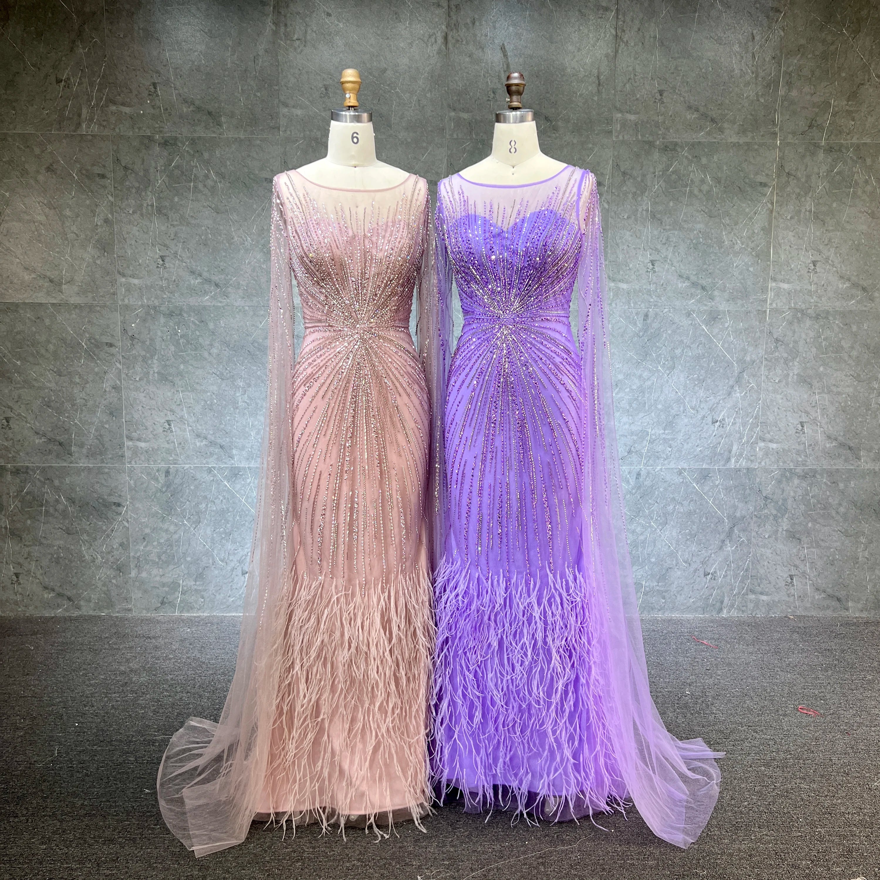 Luxury Dubai Lilac Feathers Beaded Cape Sleeves A-line Evening Gown for Women Wedding Party Dresses