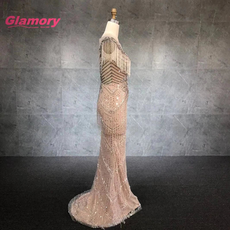 New Arrival 2020 Silver Sexy V Neck Women Party Luxury Crystal Tassel Prom Mermaid Evening Dress Formal Gowns