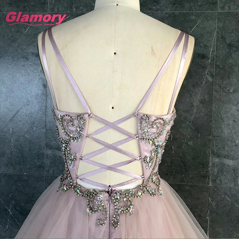 2020 Summer Crystal Beaded Spaghetti Tulle Sexy Backless Evening Plus Size Graduates Prom Dresses