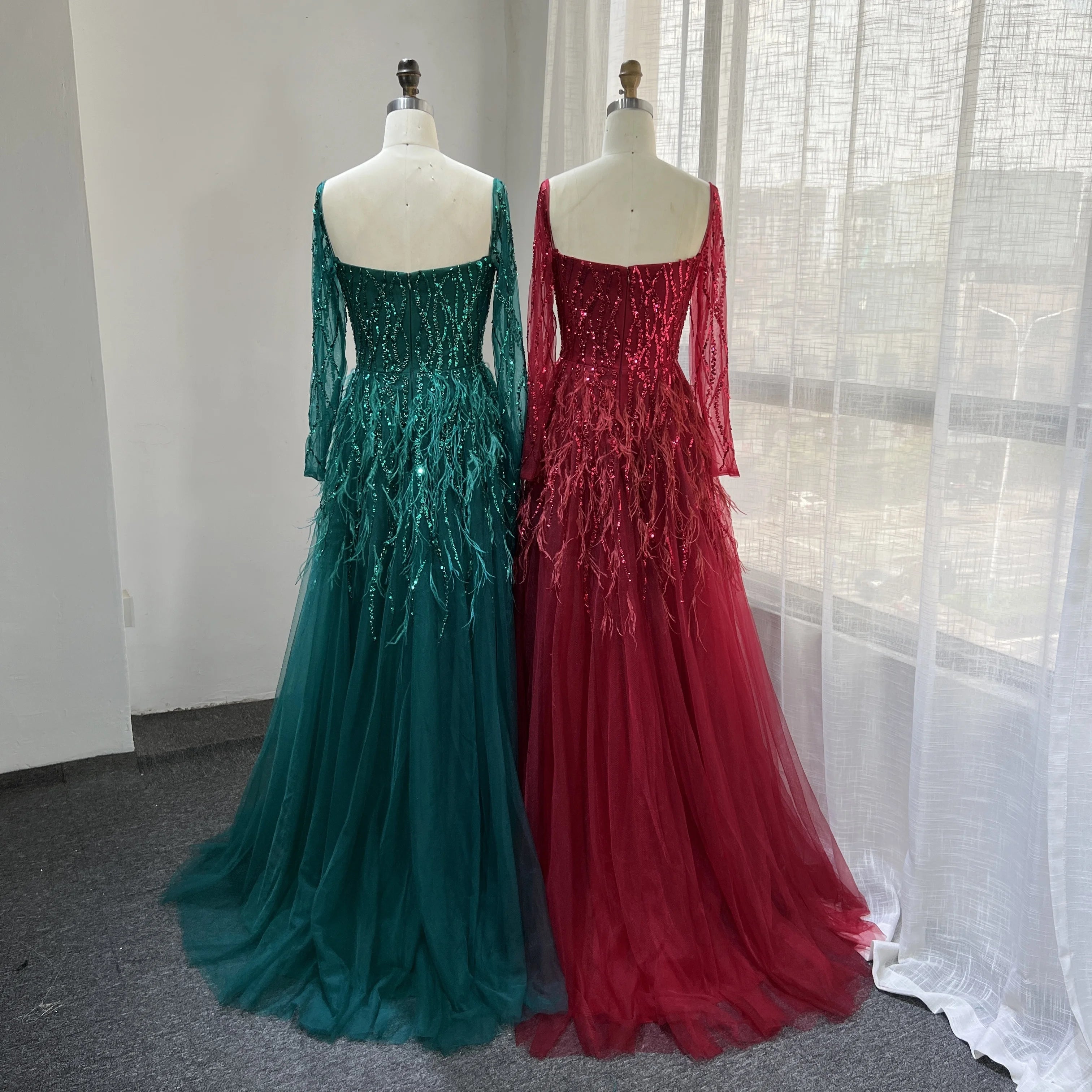 2022 Colors Long Sleeves a Line Beaded Feathers Evening Dresses Party Gowns for Women