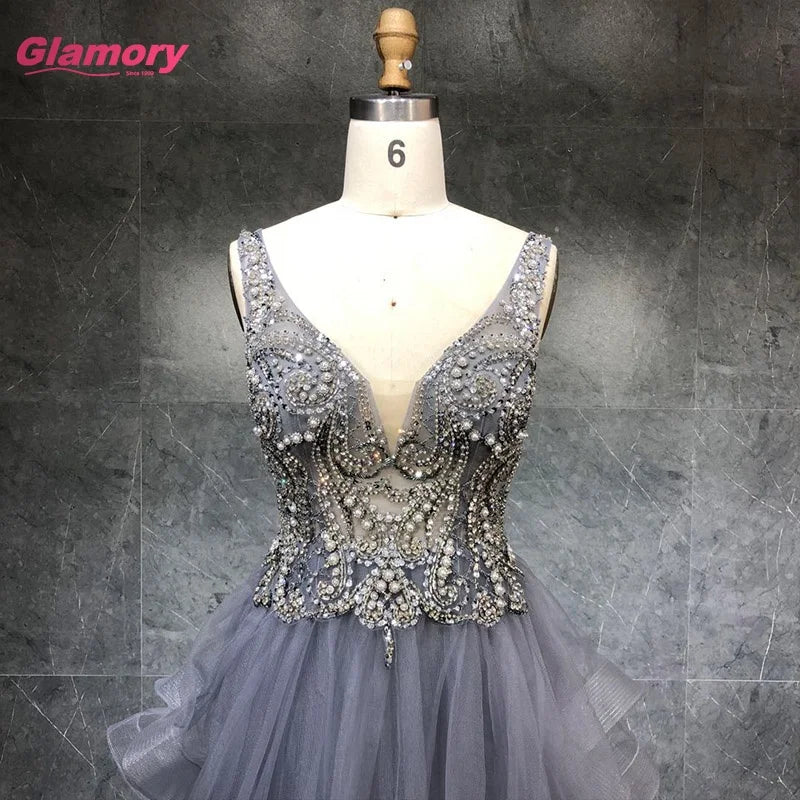 Gray Deep V-neck Puffy Evening Dresses Long Seductive Tulle Beading Prom for Women
