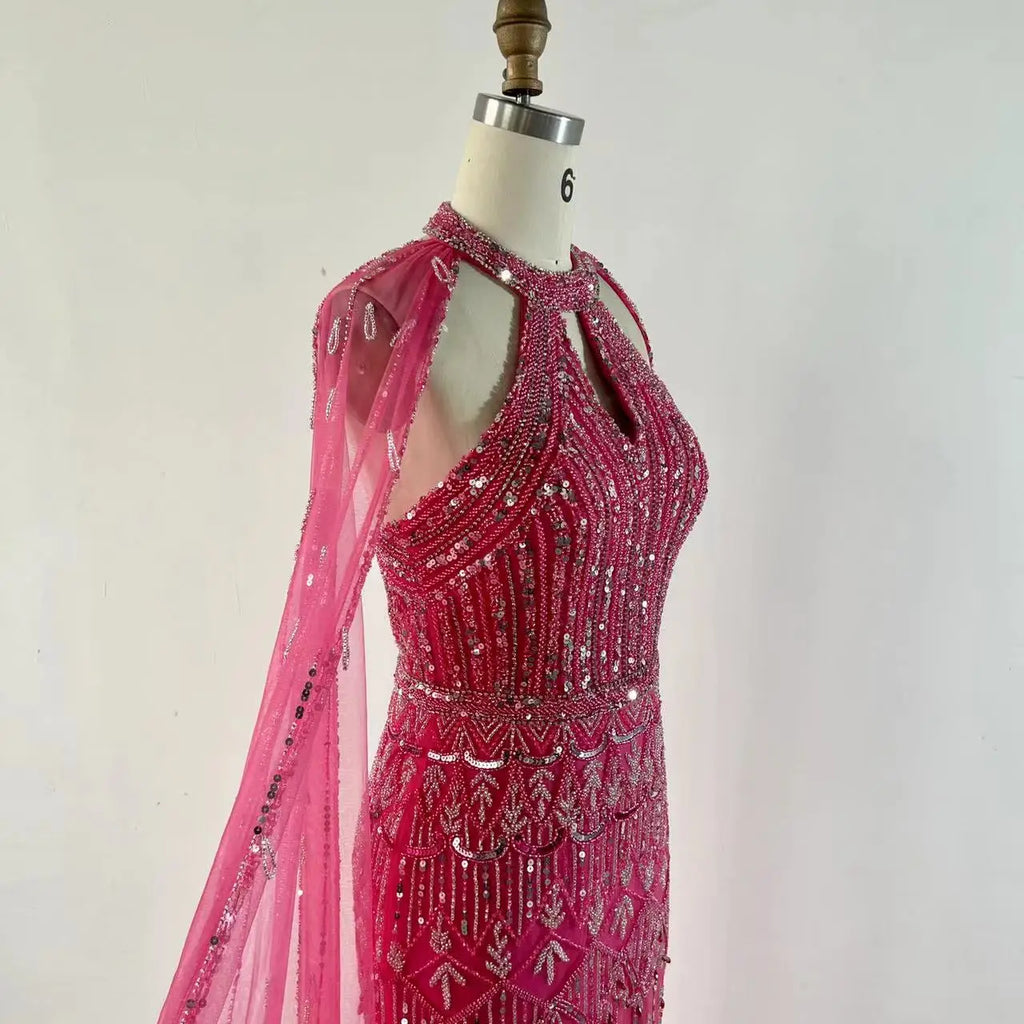 NEW Pink Cape Sleeves Mermaid  Beaded Elegant Evening Dresses Luxury Gowns for Women Arabic Party